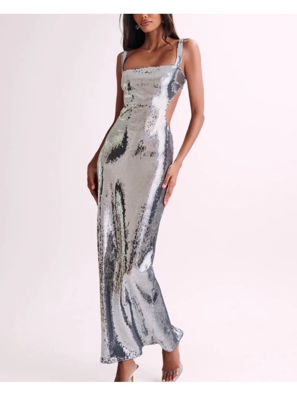 Meshki Silver Sequin Cutout Evening Dress - Women's